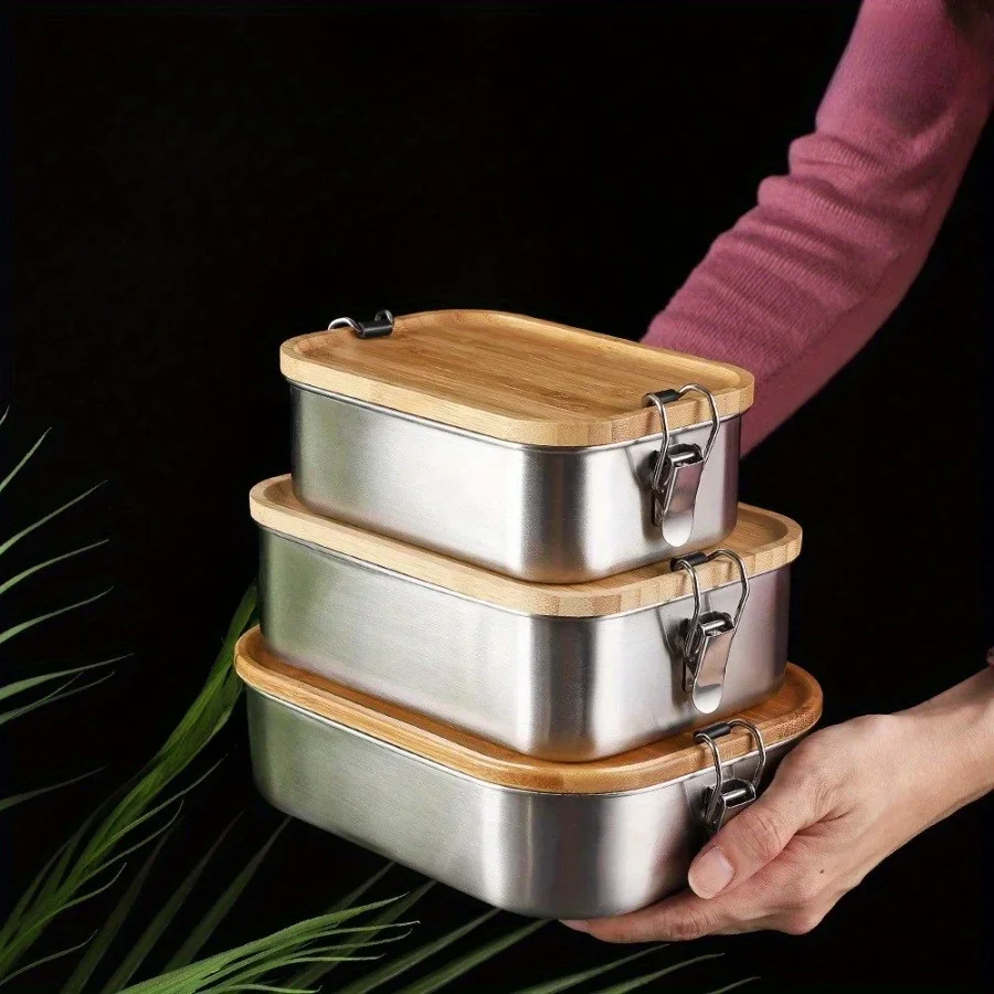 Stainless Bento Box - Nova lancheira com tampa de bambu